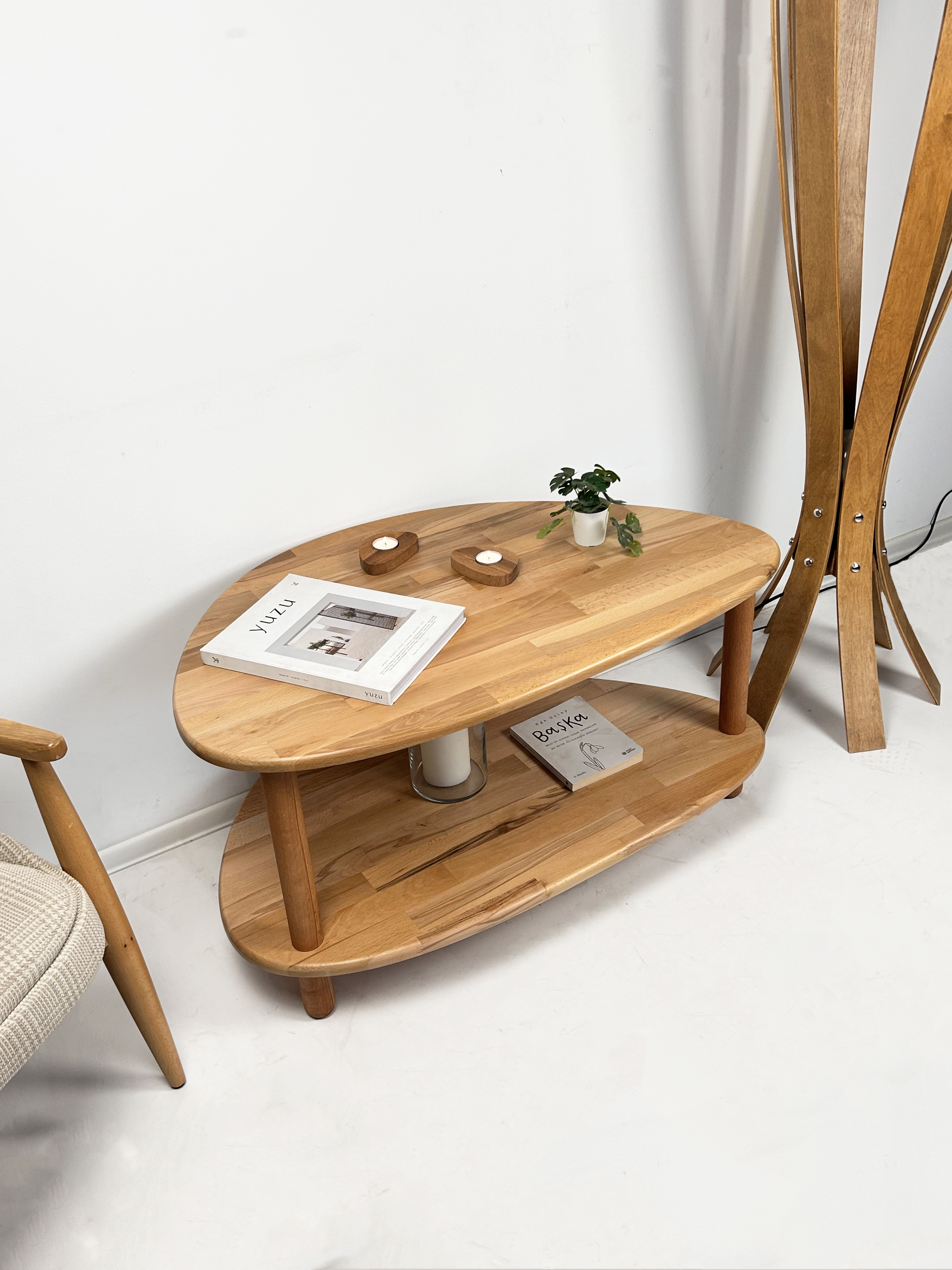 Fagus Orta Sehpa - Masif Ahşap İki Raflı Modern Sehpa