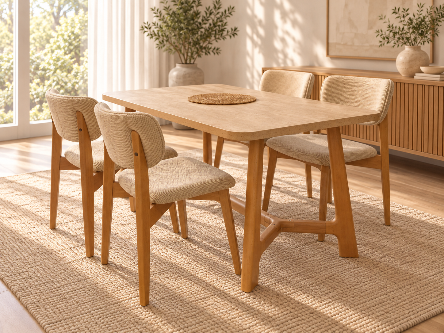 Riva 130x80 cm masanın bağlantılı ahşap ayak tasarımı ve bej sandalyelerle yemek alanındaki görünümü