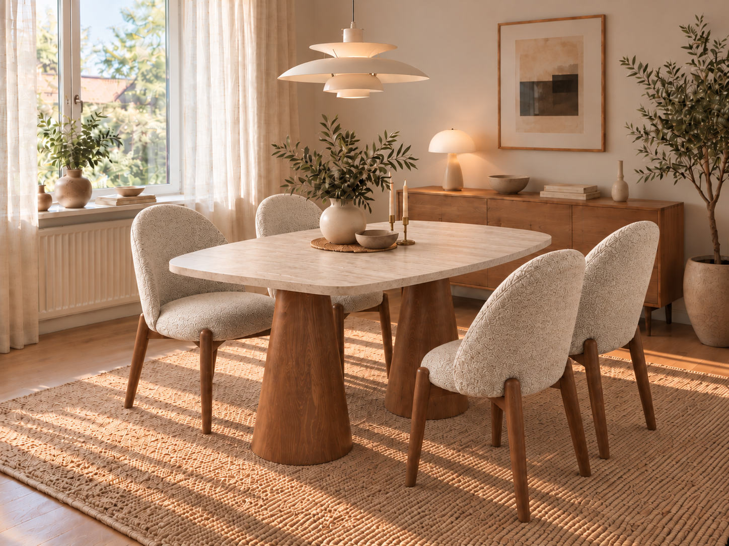 Fagus Wood Salda 130x80 cm yemek masasının traverten desenli tablası ve meşe rengi çift konik masif ahşap ayakları