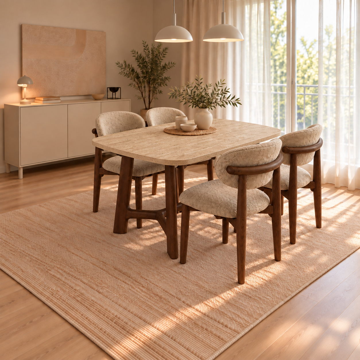 Side yemek masasının traverten desenli MDF tablasının üstten görünümü