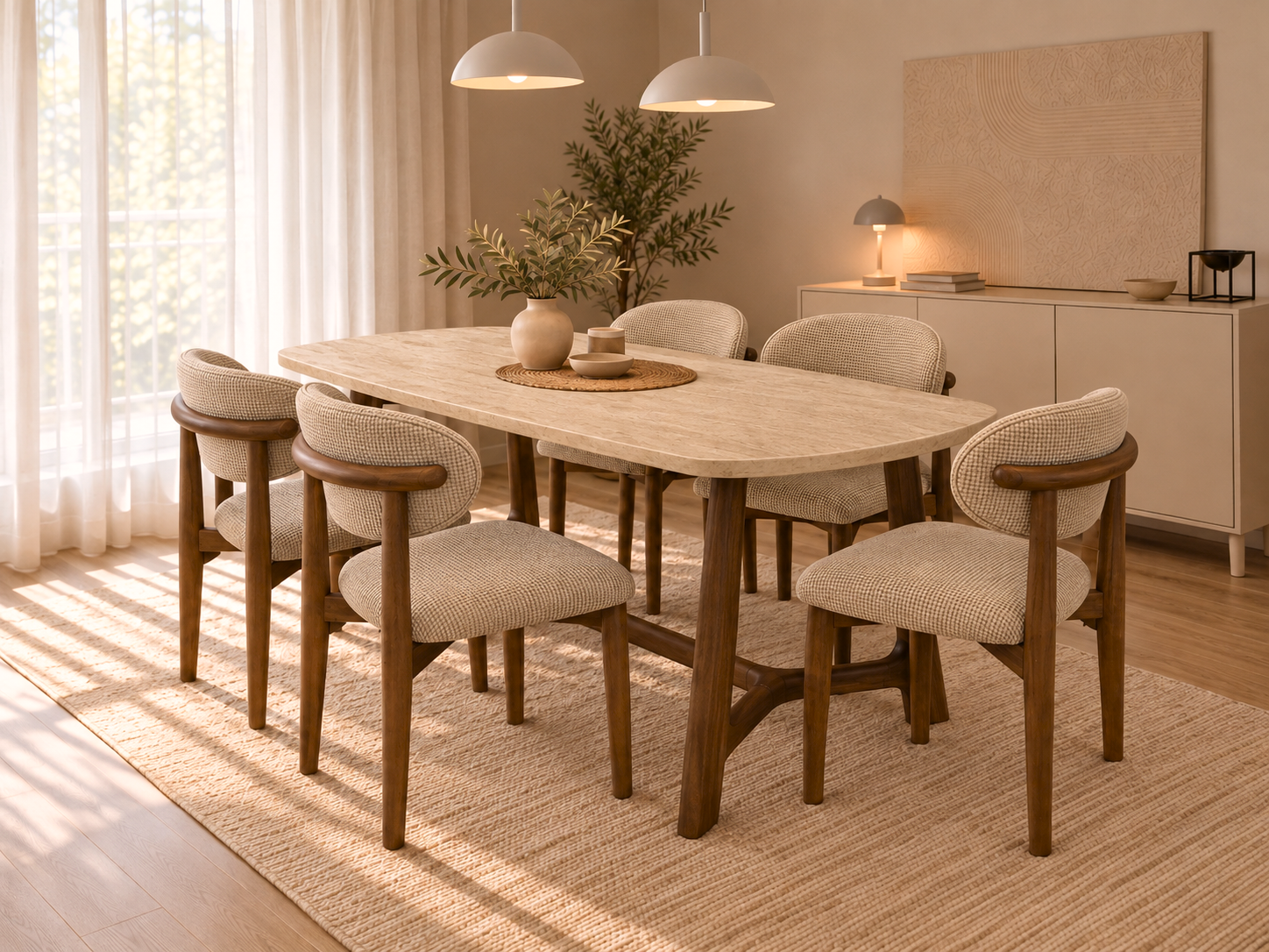 Fagus Wood Side 130x80 cm traverten desenli yemek masasının yemek odasındaki görünümü