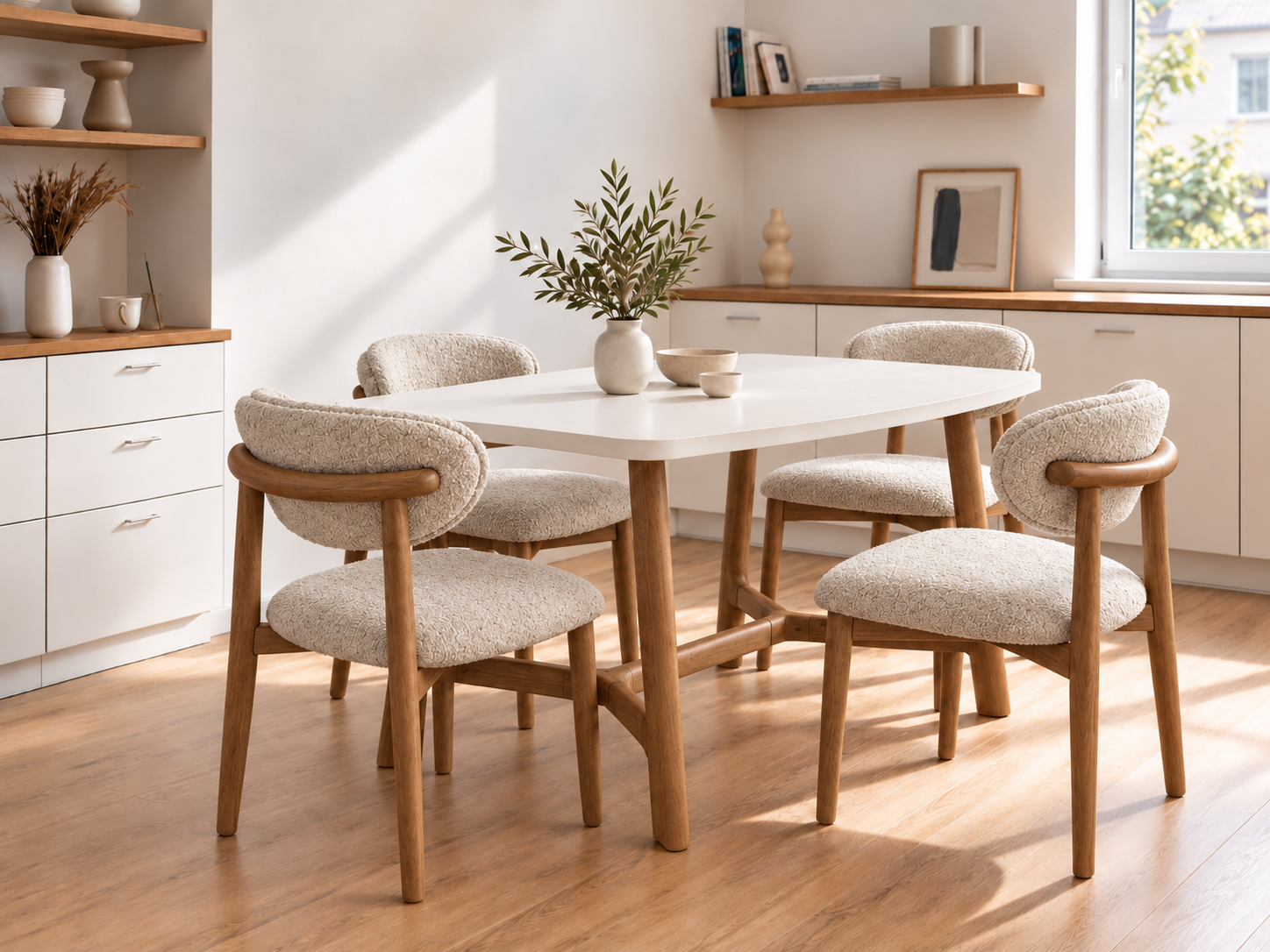 Fagus Wood Trilye 130x80 cm beyaz yemek masasının mutfaktaki çapraz görünümü