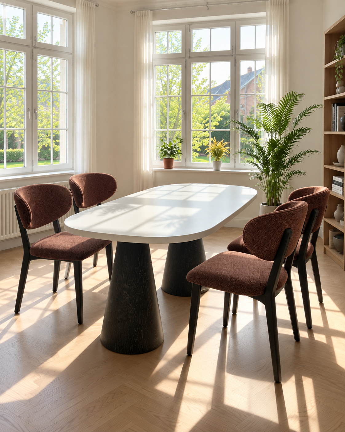 Urla çift konik ayaklı modern beyaz yemek masası