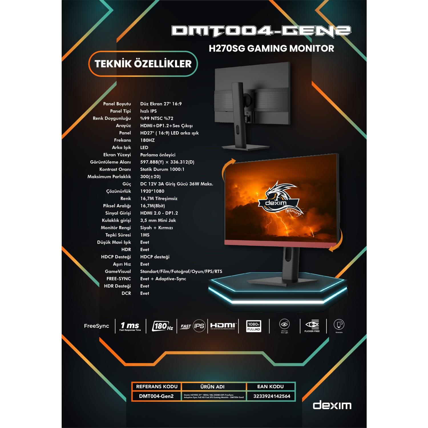Dexim H270SG 27” 180Hz 1ms (Hdmı+Dp) Freesync Adaptive Sync Full Hd Fast IPS Gaming Monitör – DMT004 Gen2
