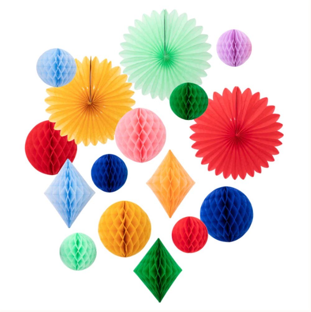 Meri Meri - Rainbow Honeycomb Decoration Kit - Gökkuşağı Petekli Dekor Kiti - 16 parça Çarklar & Küreler