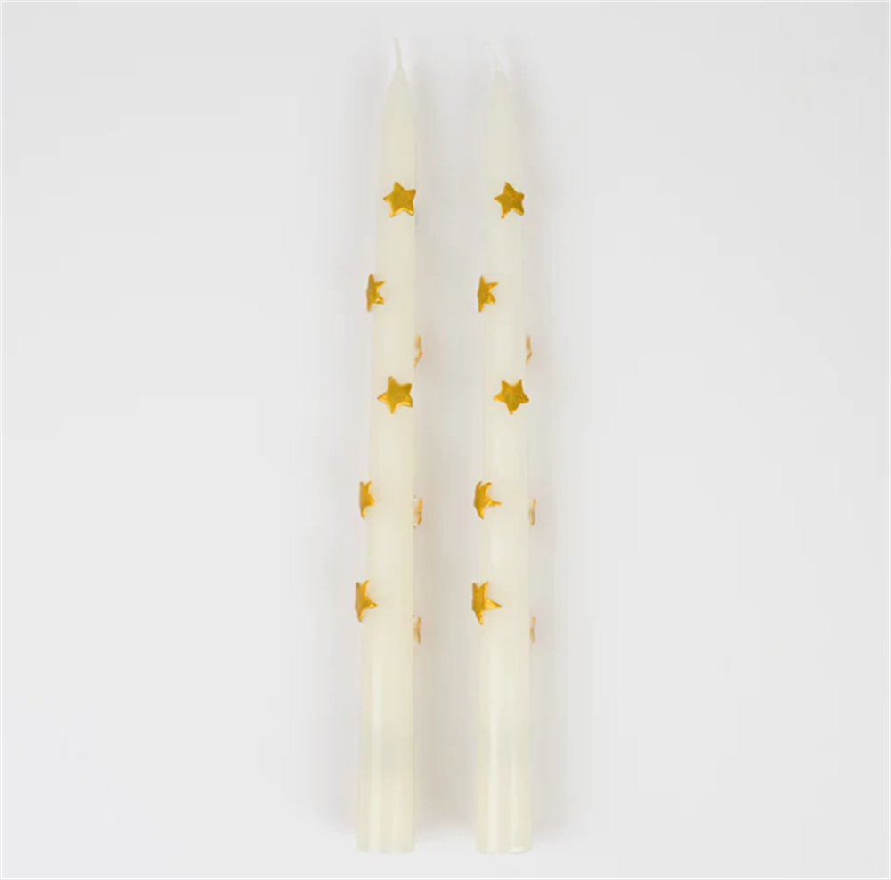 Meri Meri - Gold Star Taper Candle - Altın Yıldız Detaylı Mumlar (2'li) Gizden Gelenler