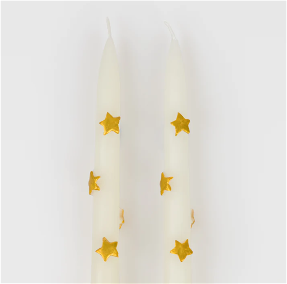 Meri Meri - Gold Star Taper Candle - Altın Yıldız Detaylı Mumlar (2'li) Gizden Gelenler