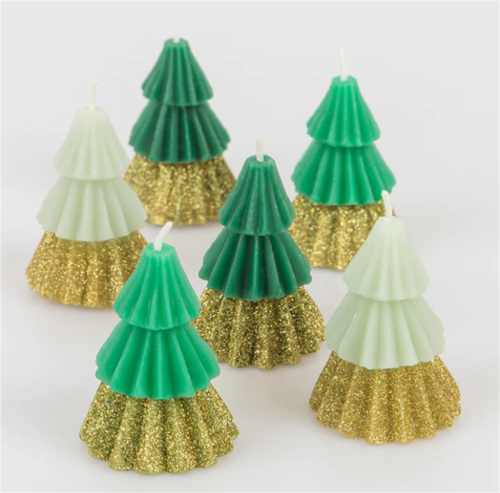 Meri Meri - Green Mini Tree Candles - Yeşil Mini Ağaç Mumlar (6'lı) Gizden Gelenler