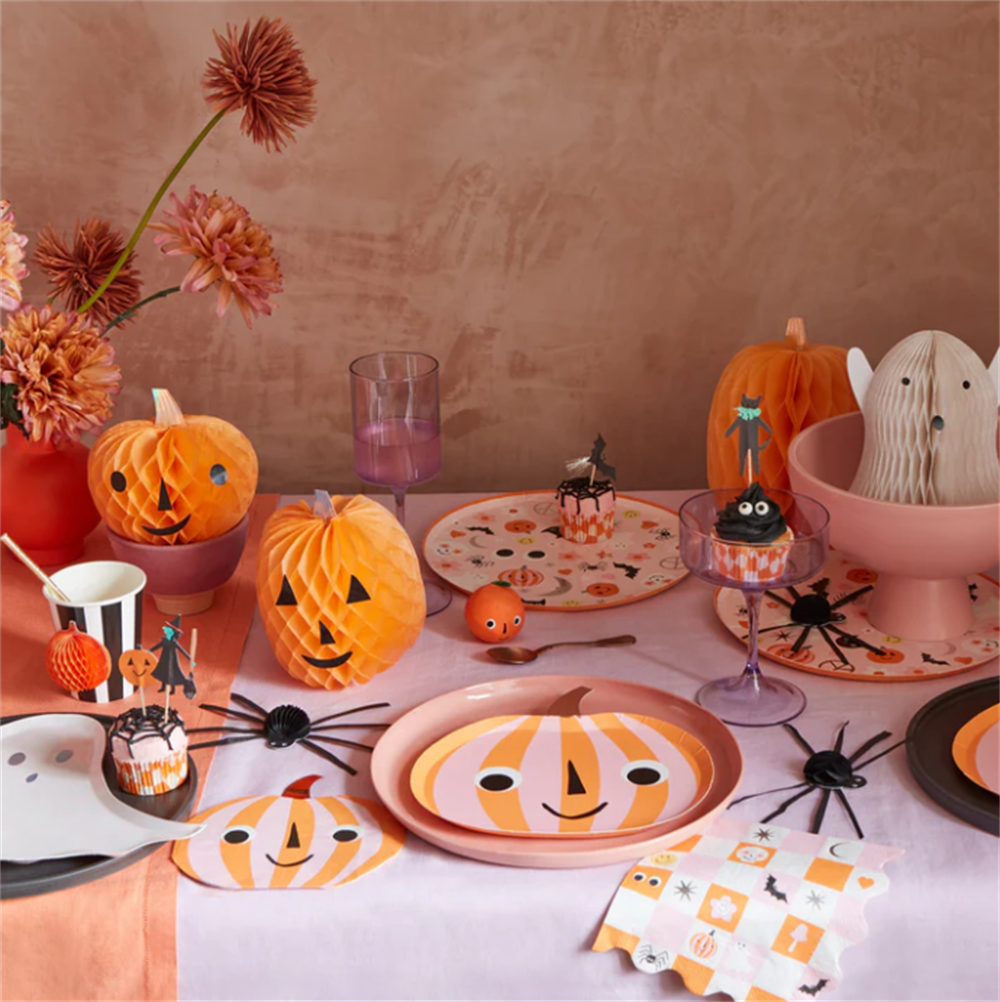 Meri Meri - Pink & Orange Stripy Pumpkin Plates - Pembe & Turuncu Çizgili Balkabağı Tabaklar (8'li) Gizden Gelenler