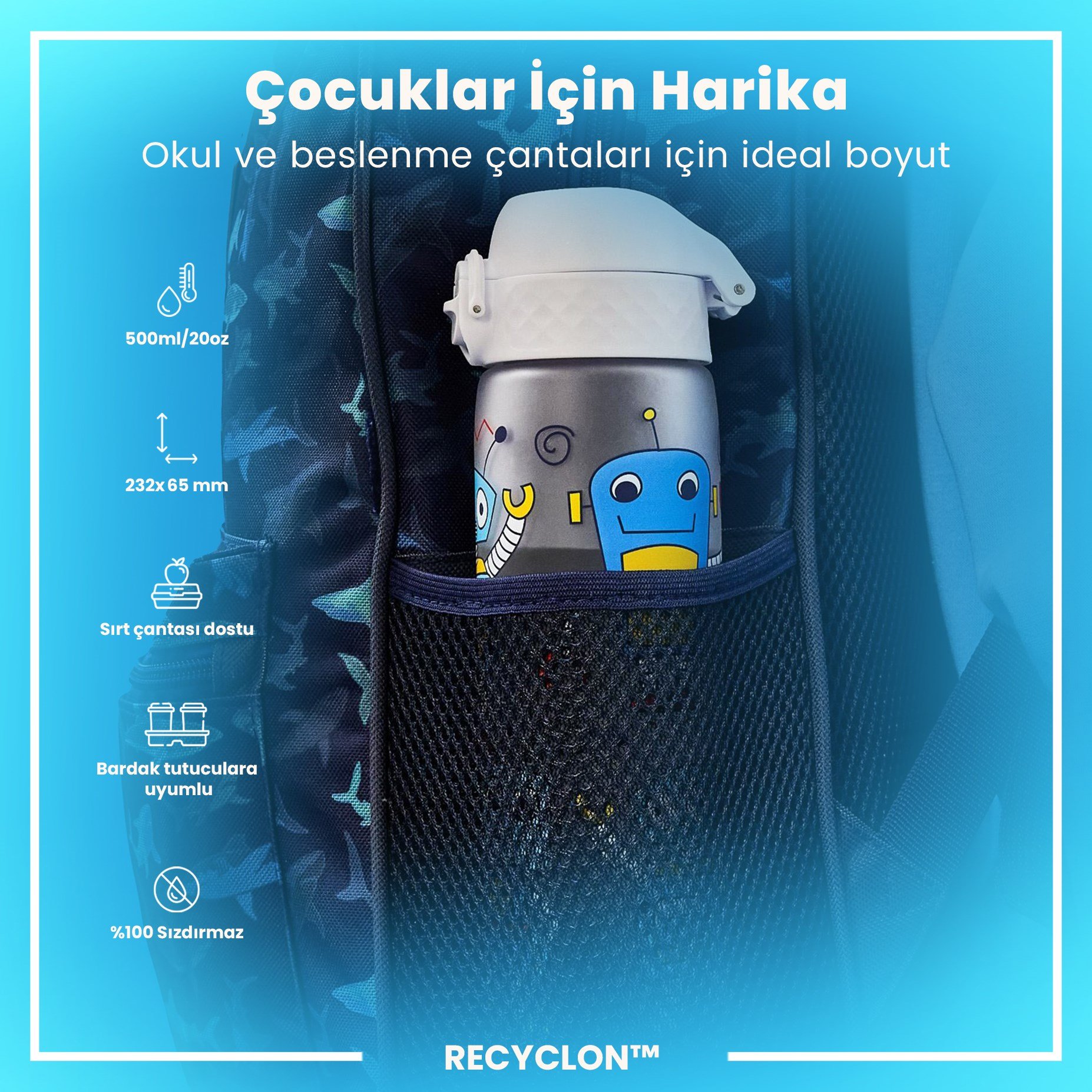 ION8ION8 - İnce Suluk - Robotlar - 500 ml - Sızdırmaz - BPA İçermeyenI8RF500PIROBOT