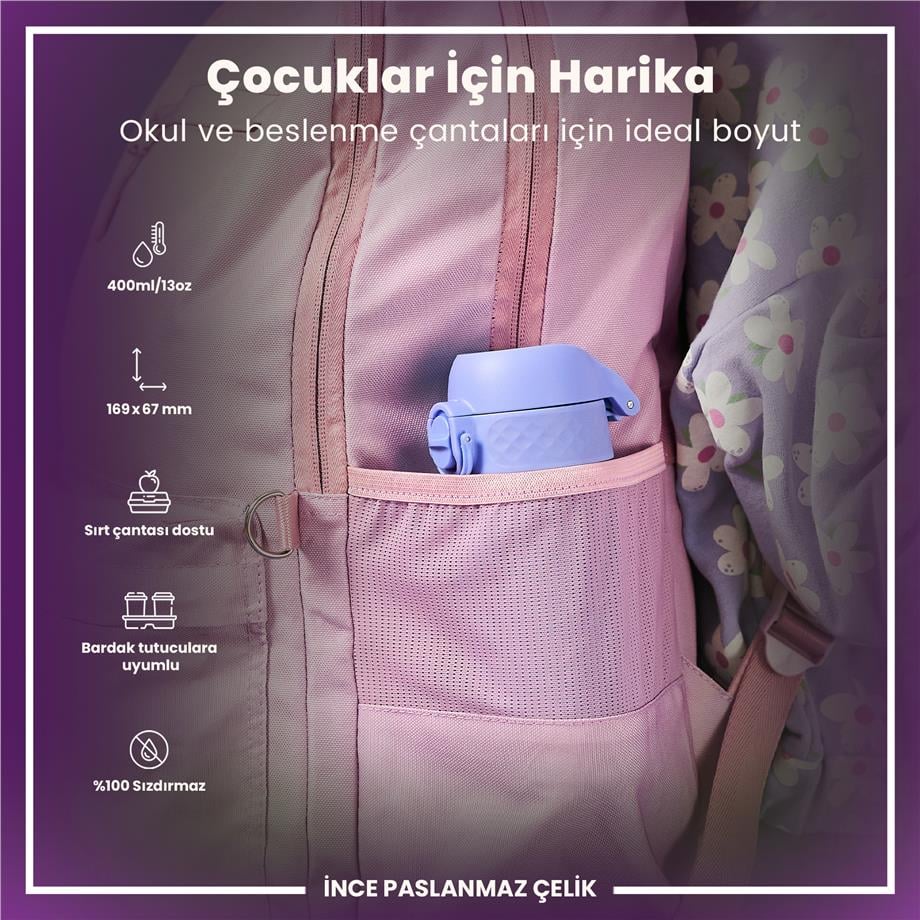 Ion8Ion8 - Paslanmaz Çelik Çocuk Suluk - Açık Mor - 400 ml - SızdırmazI8SS400PERI