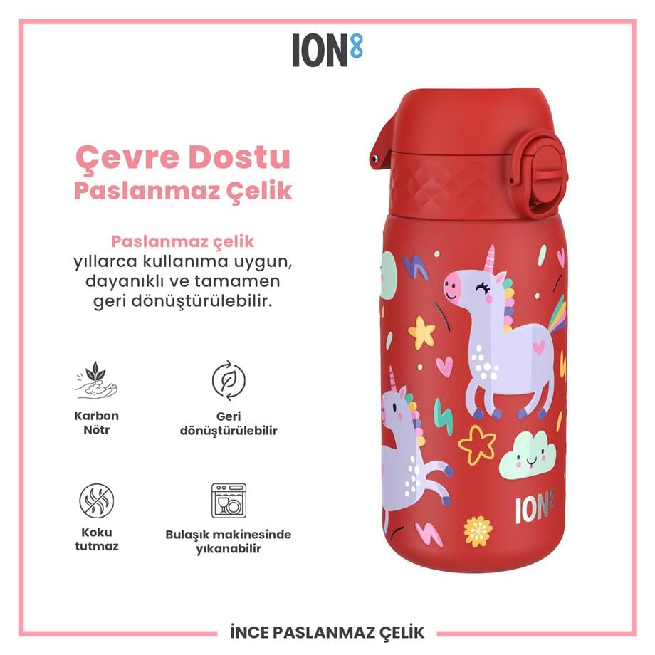 Ion8Ion8 - Paslanmaz Çelik Çocuk Suluk - Kırmızı Unicorn - 400 ml - SızdırmazI8SS400PRUNI