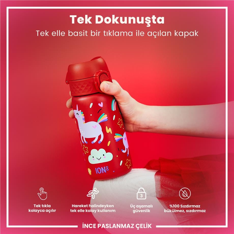 Ion8Ion8 - Paslanmaz Çelik Çocuk Suluk - Kırmızı Unicorn - 400 ml - SızdırmazI8SS400PRUNI