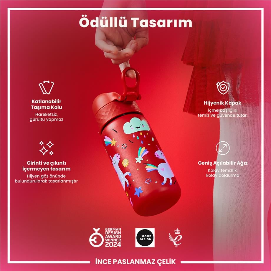 Ion8Ion8 - Paslanmaz Çelik Çocuk Suluk - Kırmızı Unicorn - 400 ml - SızdırmazI8SS400PRUNI