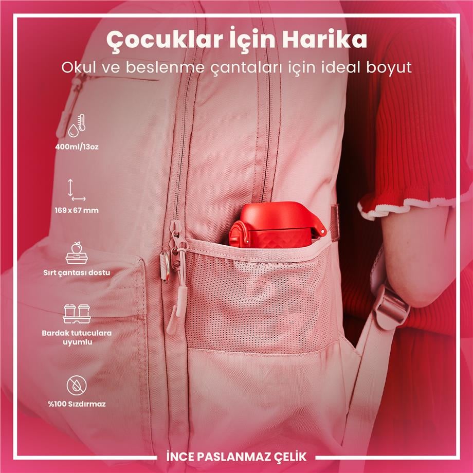 Ion8Ion8 - Paslanmaz Çelik Çocuk Suluk - Kırmızı Unicorn - 400 ml - SızdırmazI8SS400PRUNI