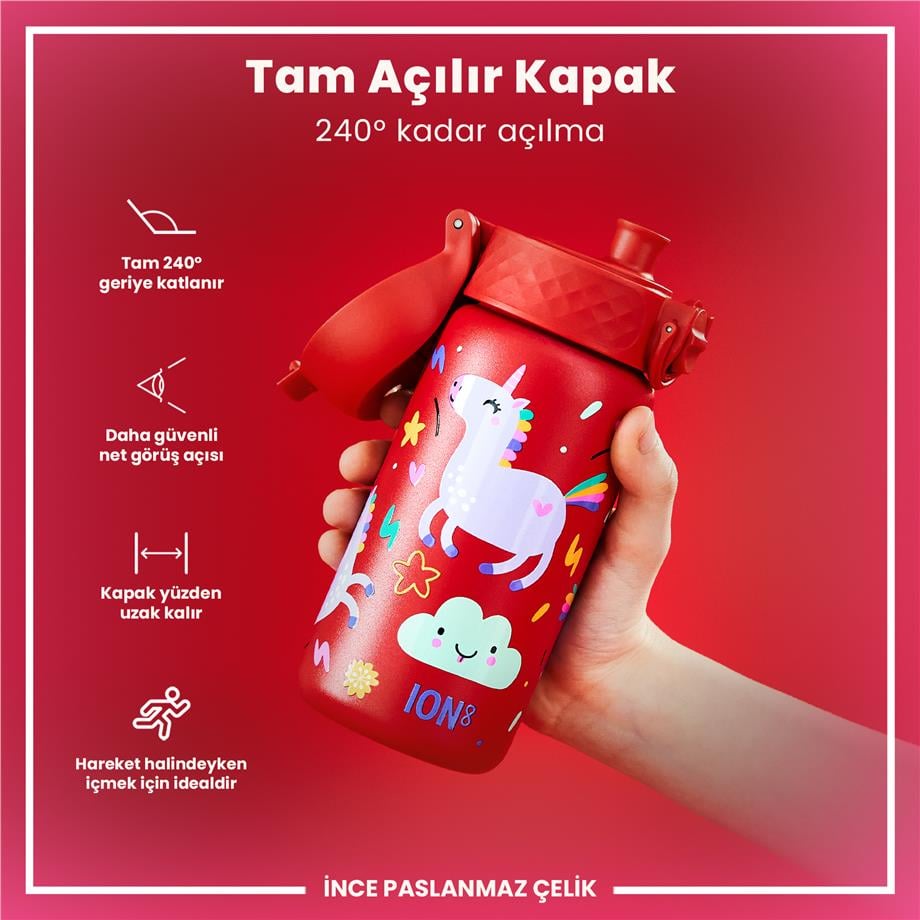 Ion8Ion8 - Paslanmaz Çelik Çocuk Suluk - Kırmızı Unicorn - 400 ml - SızdırmazI8SS400PRUNI