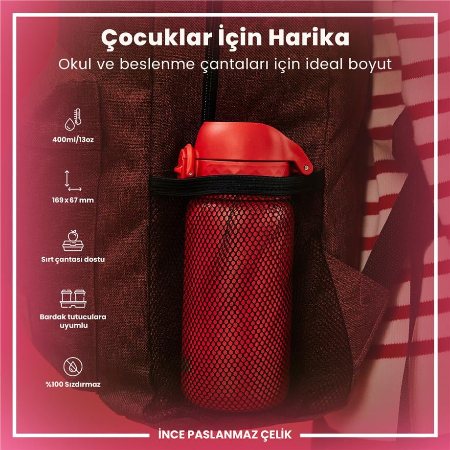 Ion8Ion8 - Paslanmaz Çelik Çocuk Suluk - Kırmızı - 400 ml - SızdırmazI8SS400RED
