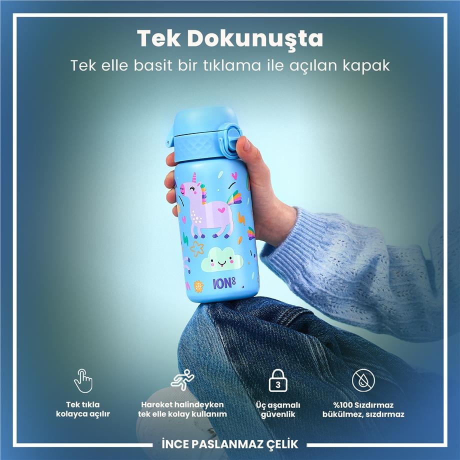 Ion8Ion8 - Paslanmaz Çelik Çocuk Suluk - Mavi Unicorn - 400 ml - SızdırmazI8SS400PBUNI
