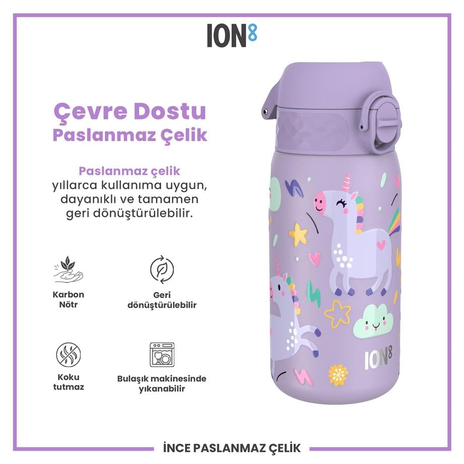 Ion8Ion8 - Paslanmaz Çelik Çocuk Suluk - Mor Unicorn - 400 ml - SızdırmazI8SS400PVUNI