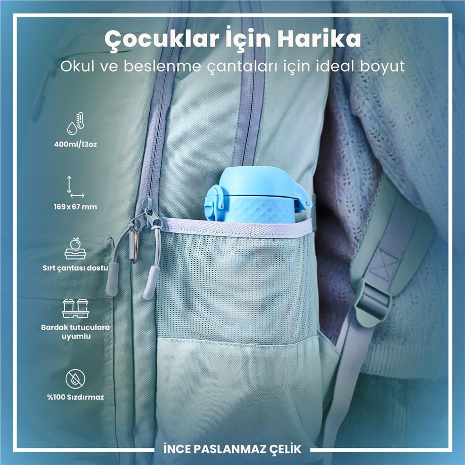 Ion8Ion8 - Paslanmaz Çelik Çocuk Suluk - Mavi Unicorn - 400 ml - SızdırmazI8SS400PBUNI