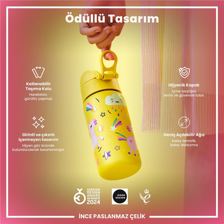Ion8Ion8 - Paslanmaz Çelik Çocuk Suluk - Sarı Unicorn - 400 ml - SızdırmazI8SS400PYUNI
