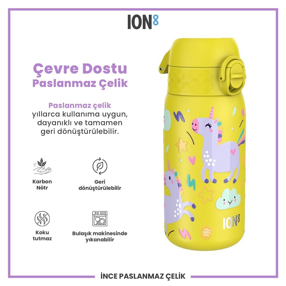 Ion8Ion8 - Paslanmaz Çelik Çocuk Suluk - Sarı Unicorn - 400 ml - SızdırmazI8SS400PYUNI