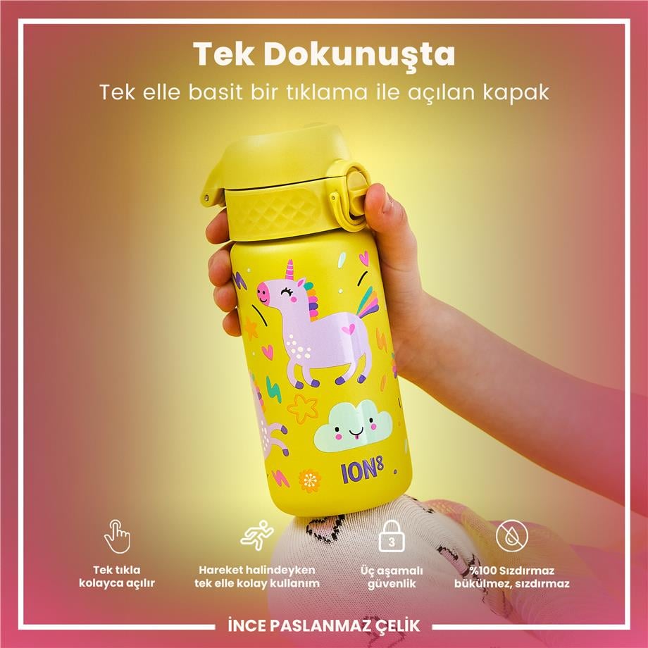 Ion8Ion8 - Paslanmaz Çelik Çocuk Suluk - Sarı Unicorn - 400 ml - SızdırmazI8SS400PYUNI