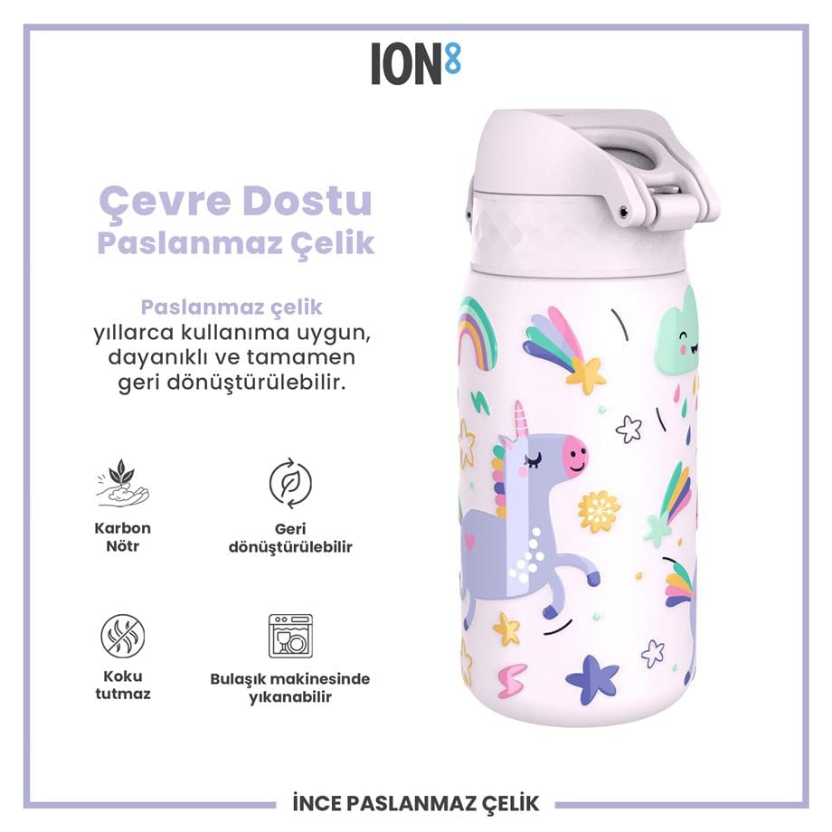 Ion8Ion8 - Paslanmaz Çelik Çocuk Suluk - Unicorn - 400 ml - SızdırmazI8SS400PPUNI