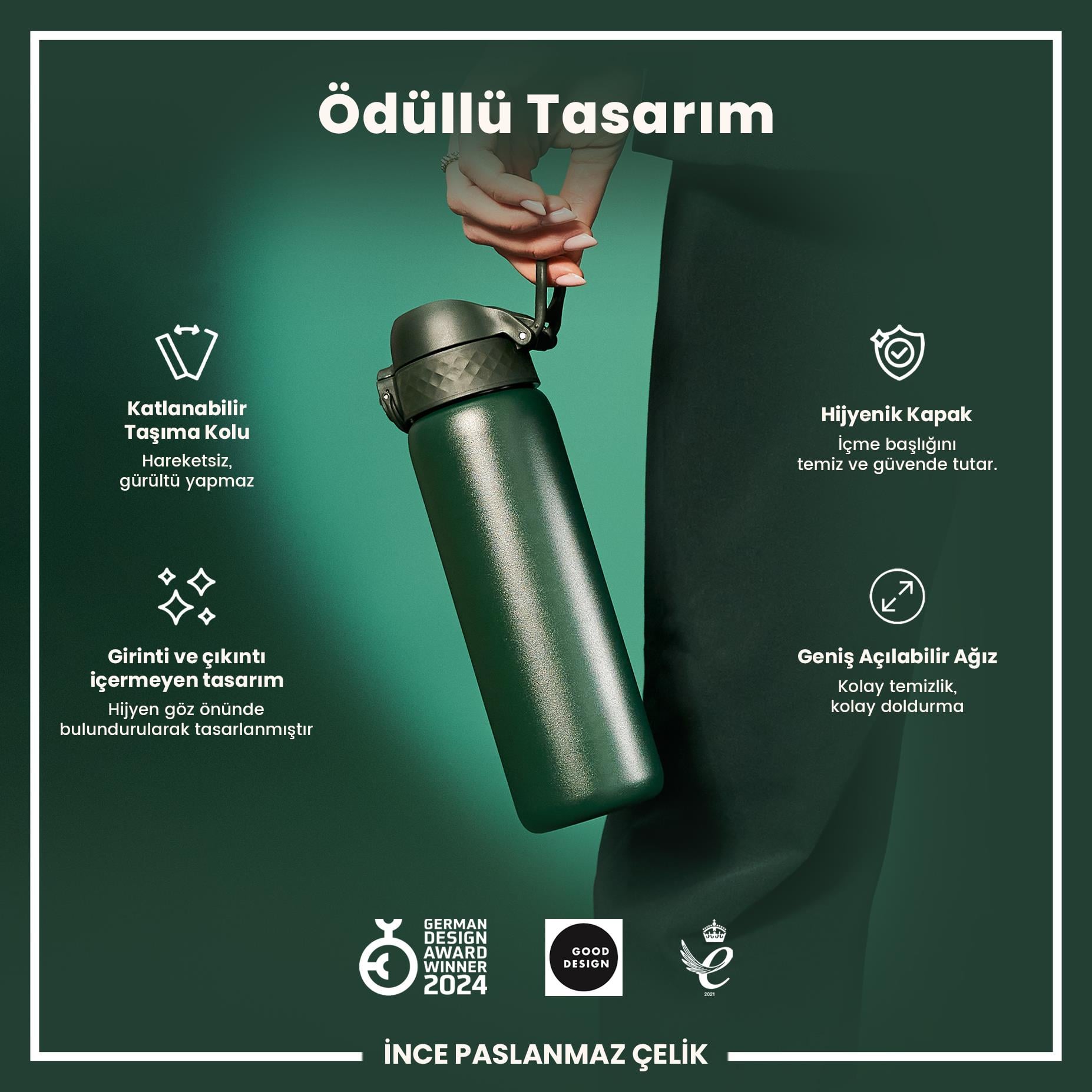 Ion8Ion8 - Paslanmaz Çelik İnce Suluk - Koyu Yeşil - 600 ml - SızdırmazI8SS600DGRE
