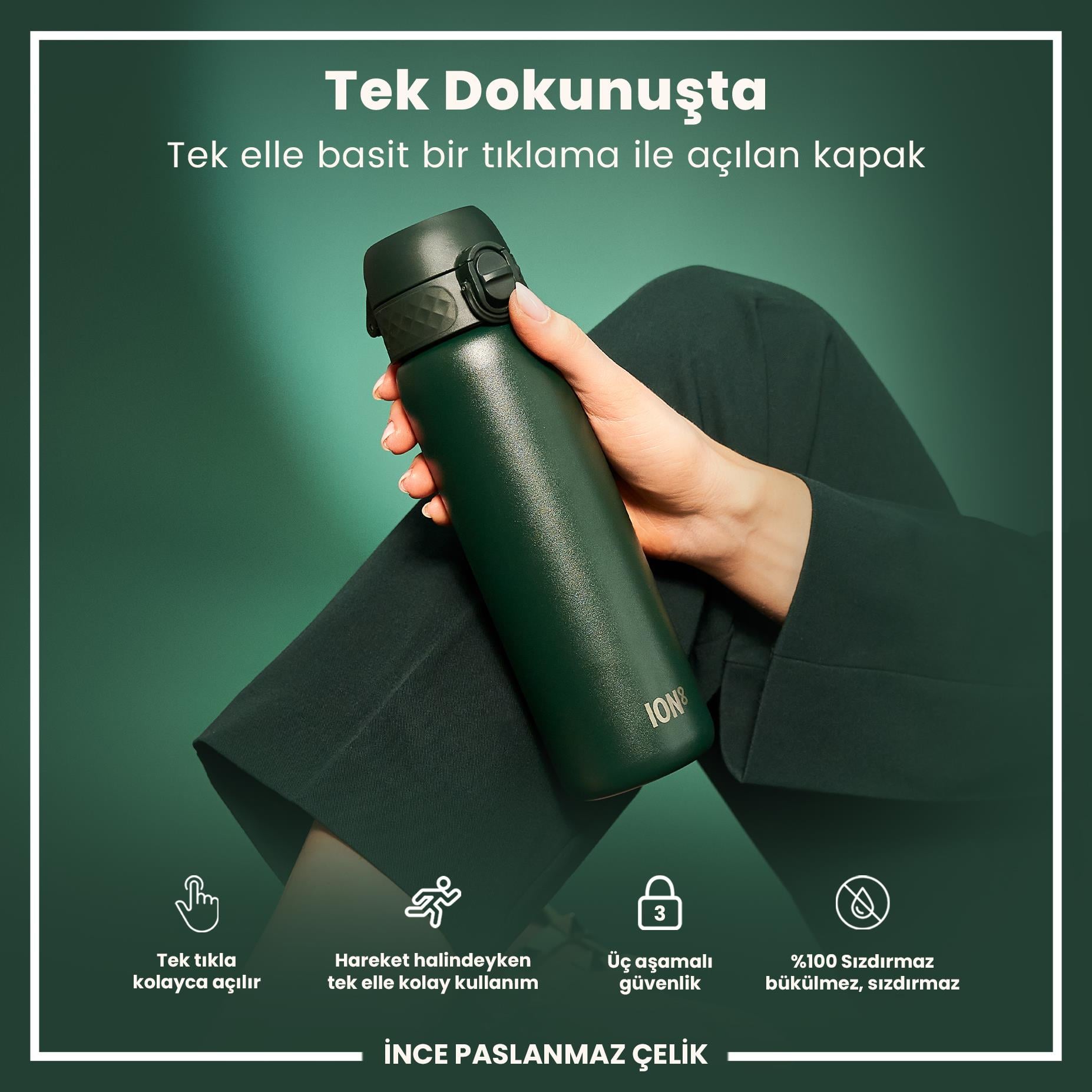 Ion8Ion8 - Paslanmaz Çelik İnce Suluk - Koyu Yeşil - 600 ml - SızdırmazI8SS600DGRE