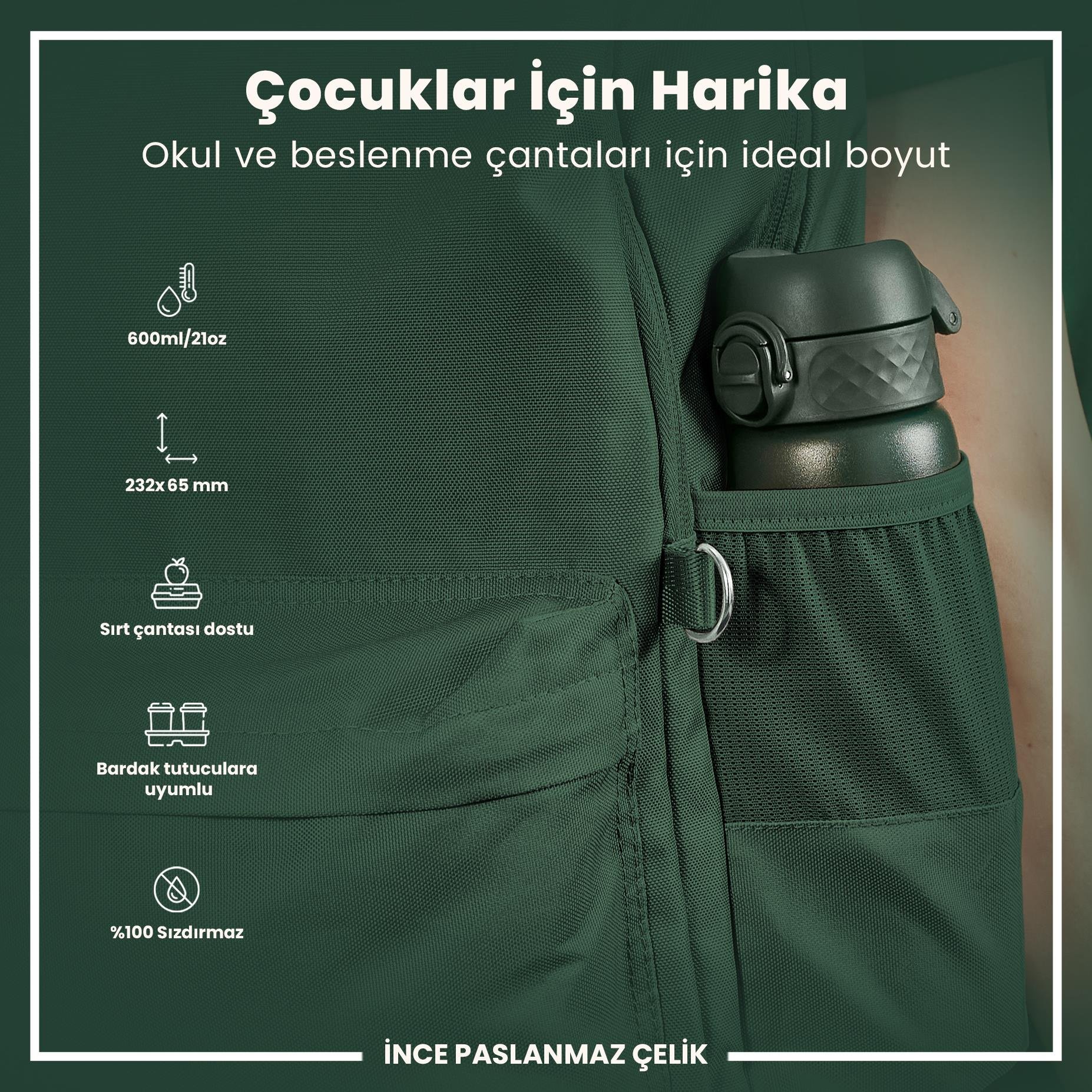 Ion8Ion8 - Paslanmaz Çelik İnce Suluk - Koyu Yeşil - 600 ml - SızdırmazI8SS600DGRE