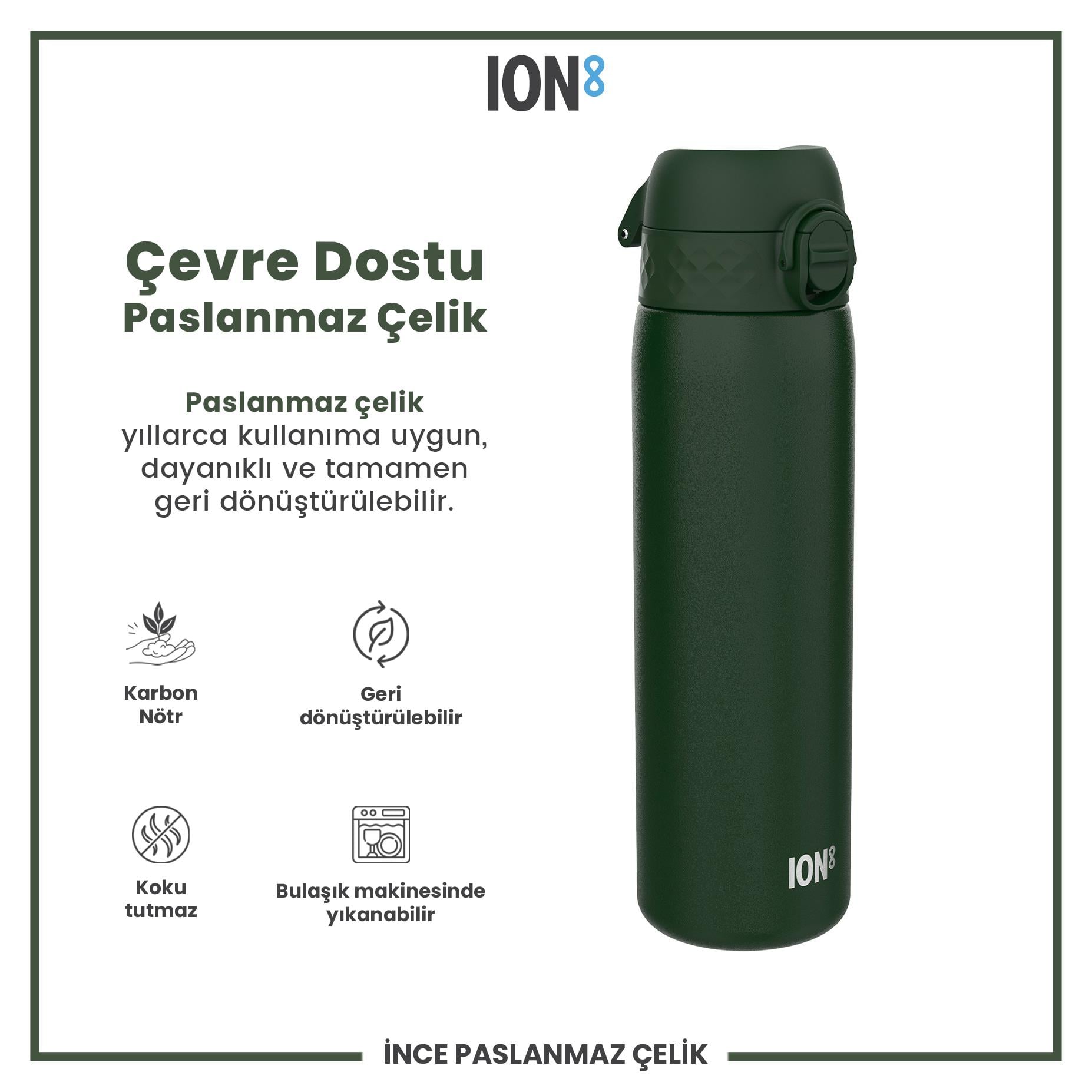 Ion8Ion8 - Paslanmaz Çelik İnce Suluk - Koyu Yeşil - 600 ml - SızdırmazI8SS600DGRE