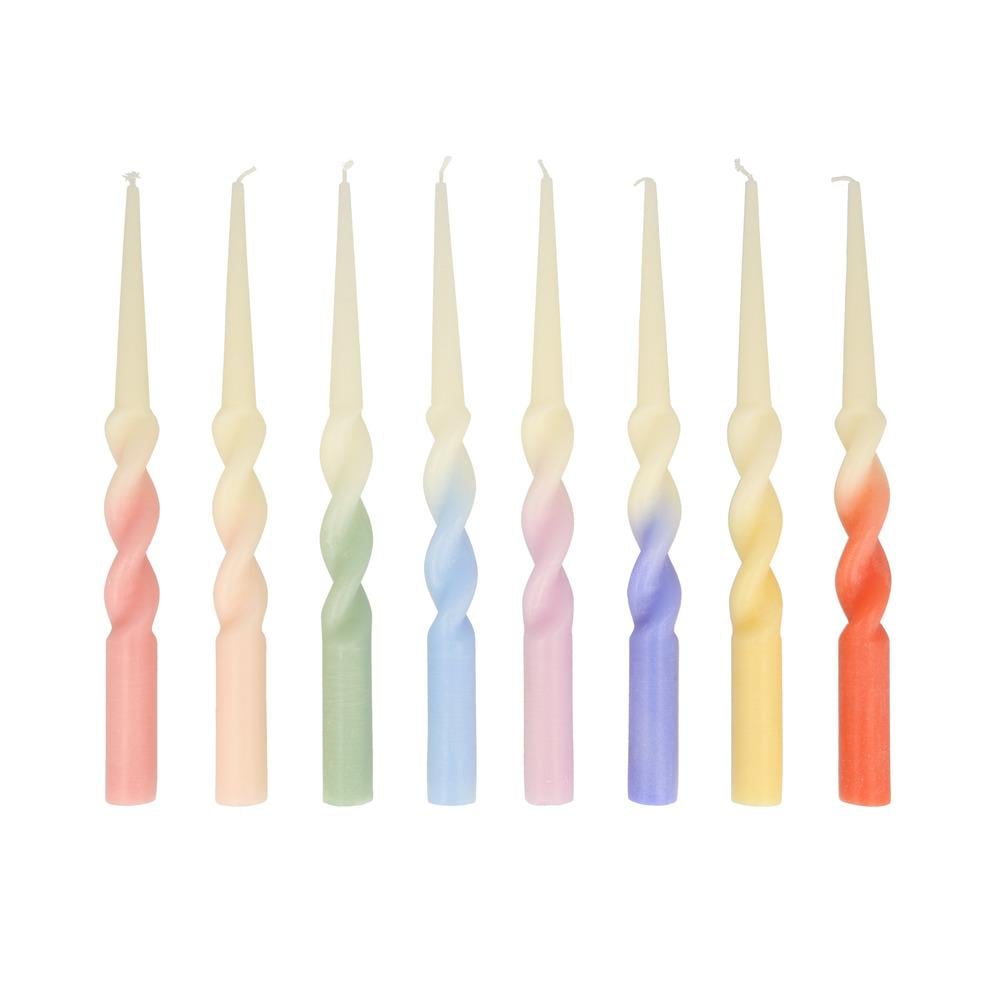 Meri Meri -  Rainbow Twisted Dipped Candles - Gökkuşağı Renkler Kıvrımlı Masa Mumları (8'li) Mumlar