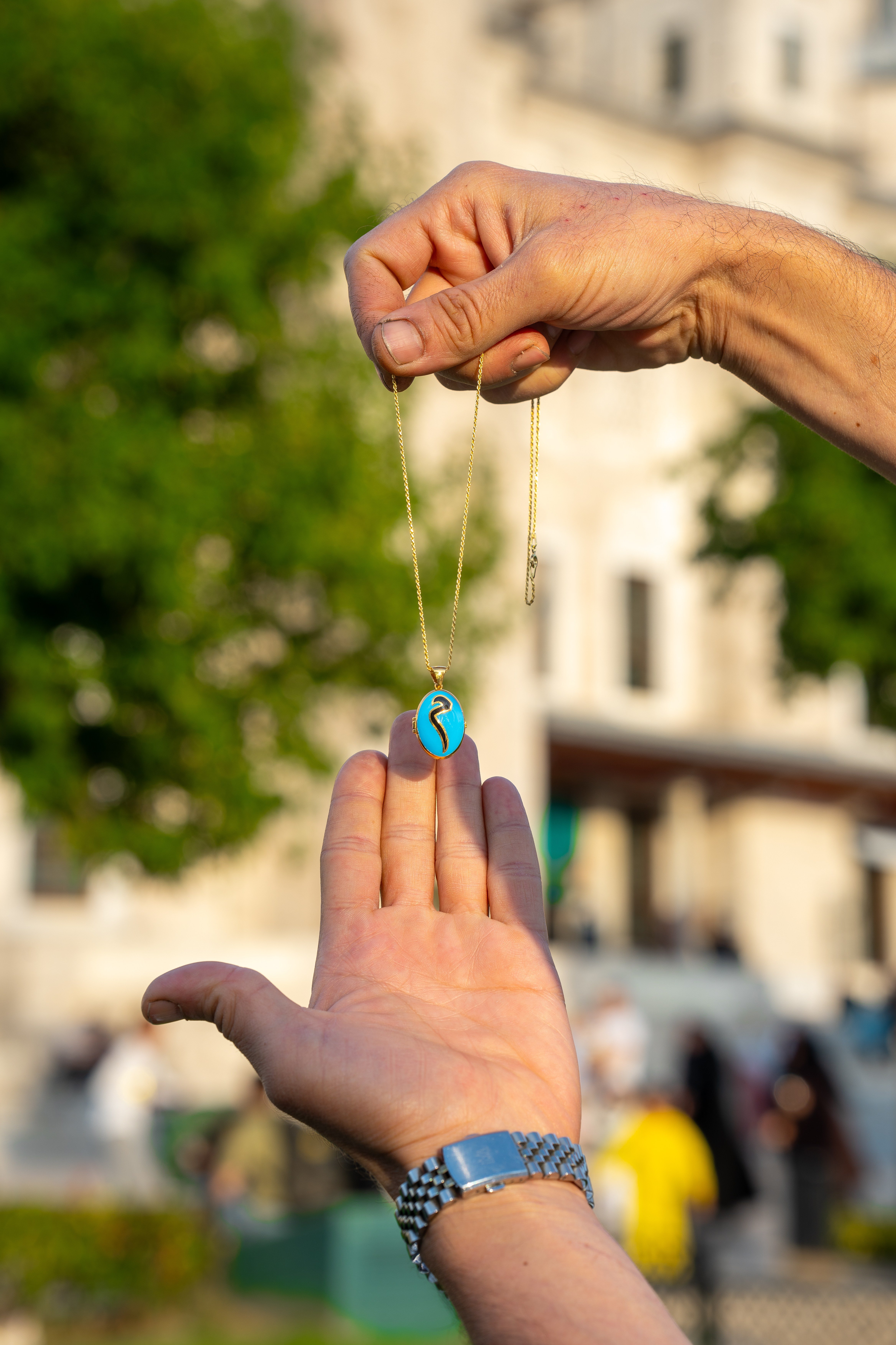 925 Ayar Gümüş Mim Harfli 7 Ayetler Kolye – Turkuaz Mavi Mine Kaplama