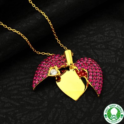 Açılan Kalp Ruby Kırmızı Taşlı  Altın Kaplamalı 925 Ayar Gümüş Bayan Kolyesi