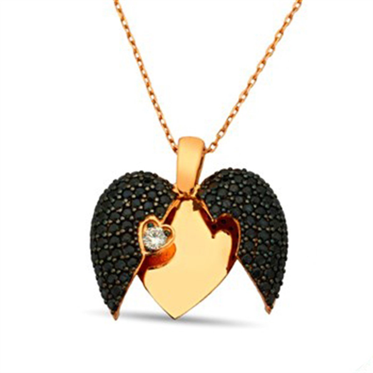 Açılan Kalp Siyah Taşlı Roz Kaplamalı 925 Ayar Gümüş Bayan Kolyesi