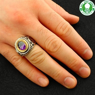 Amatist Kristal Kesimli Taşlı 925 Ayar Gümüş Erkek Yüzük