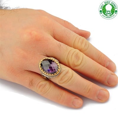 Amatist Taşlı Kristal Kesimli 925 Ayar Gümüş Erkek Yüzük