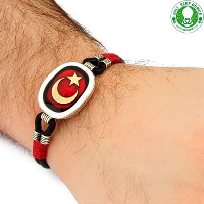 Ay Yıldız Türk Bayrağı 925 Ayar Gümüş Deri Erkek Bilekliği