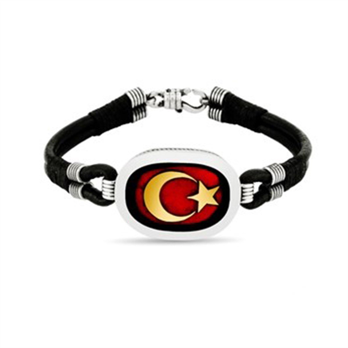 Ay Yıldız Türk Bayrağı 925 Ayar Gümüş Deri Erkek Bileklik