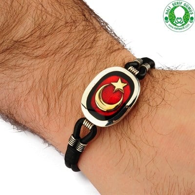 Ay Yıldız Türk Bayrağı 925 Ayar Gümüş Deri Erkek Bileklik