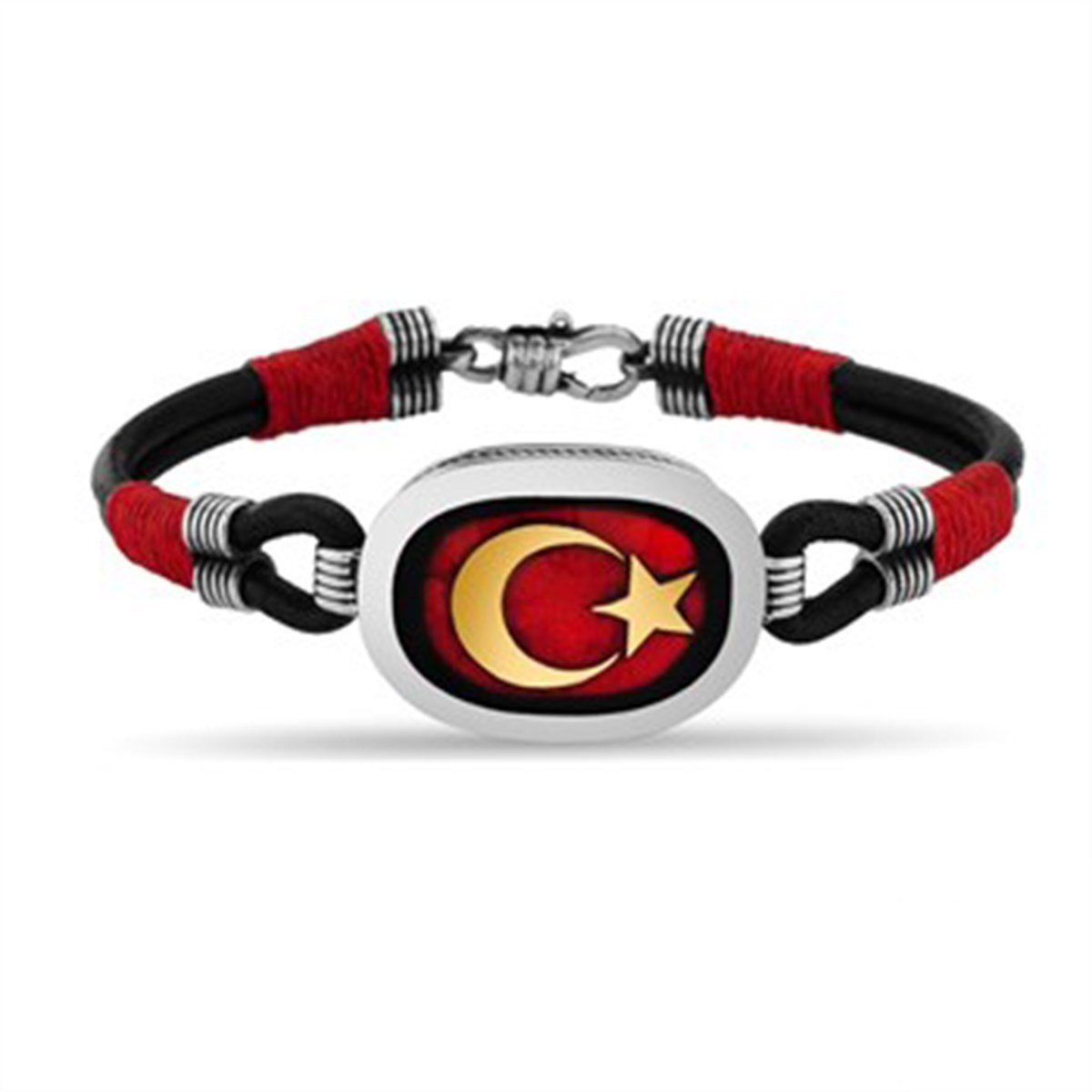 Ay Yıldız Türk Bayrağı 925 Ayar Gümüş Deri Erkek Bilekliği