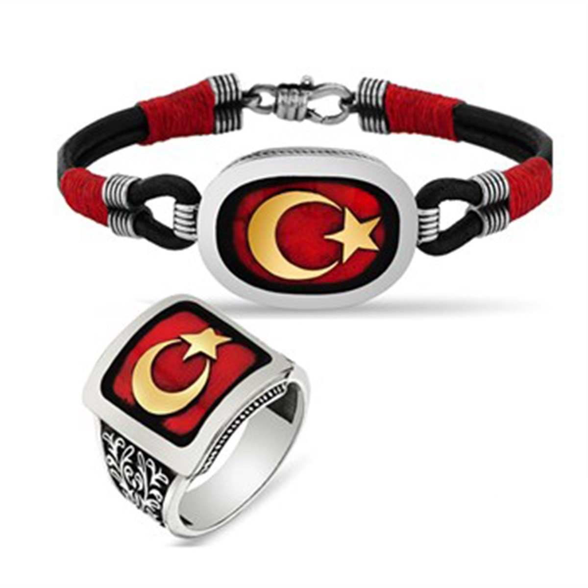 Ay Yıldız Türk Bayrağı 925 Ayar Gümüş Erkek Bileklik Yüzük Kombini