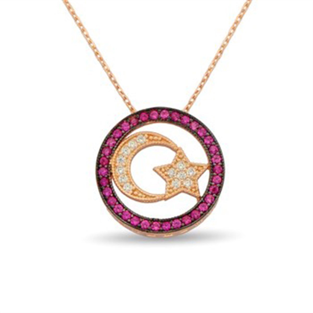 Ay Yıldız Türk Bayrağı Zirkon Taşlı Roz Kaplamalı Gümüş Bayan Kolye