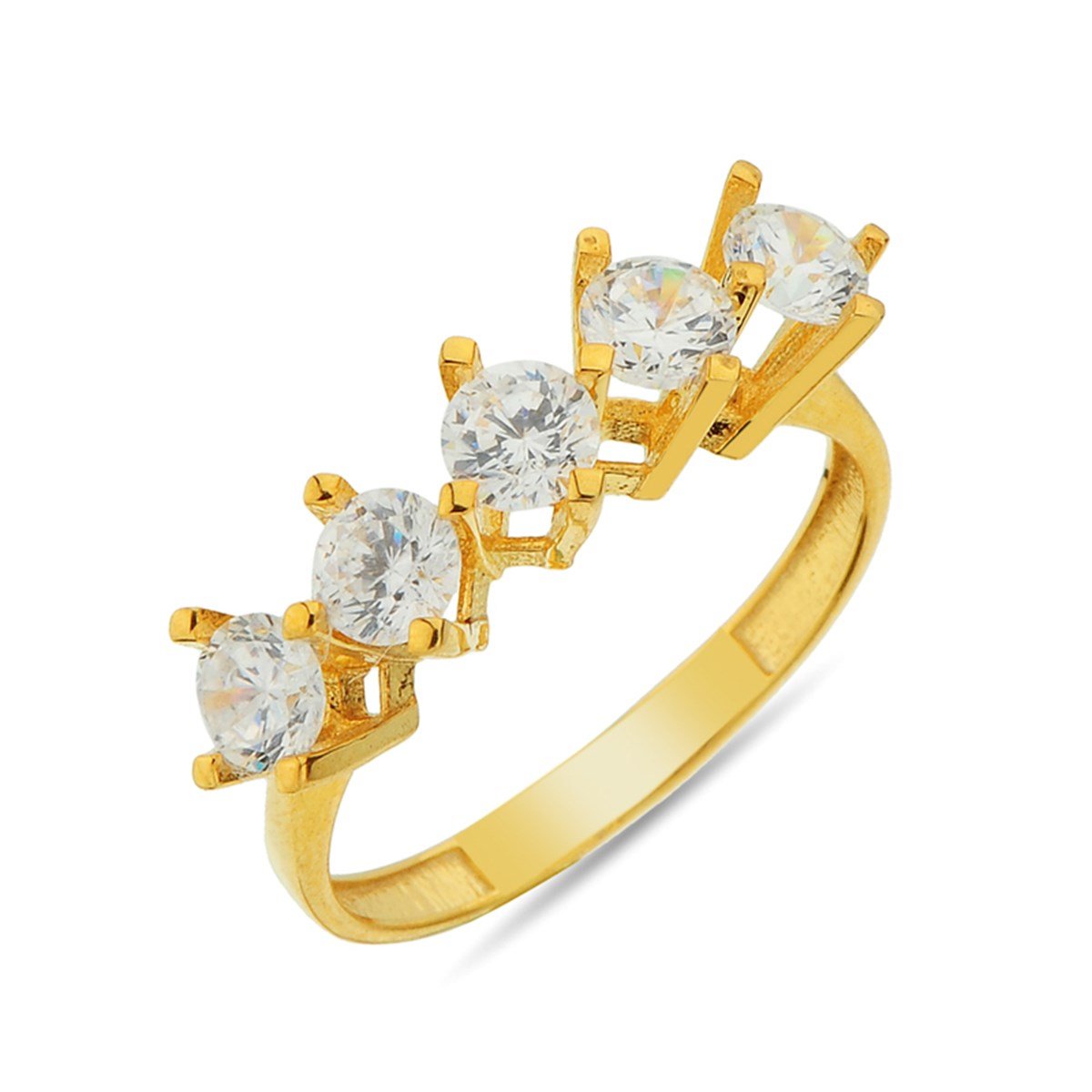 Beş Taş Zirkon Taşlı Altın Kaplamalı 925 Ayar Gümüş Bayan Yüzüğü