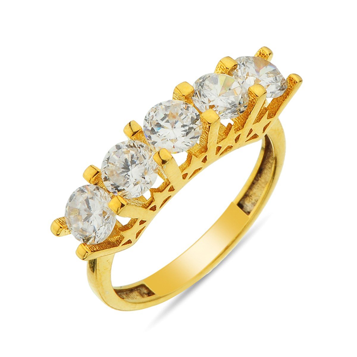 Beş Taş Zirkon Taşlı Altın Kaplamalı 925 Ayar Gümüş Bayan Yüzüğü