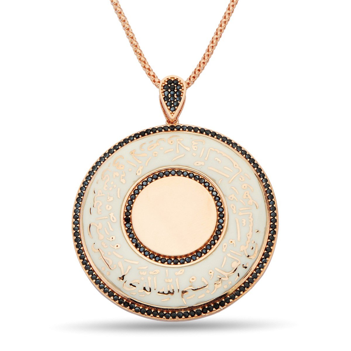 Beyaz Mineli Oniks Zirkon Taşlı Roz Kaplamalı Bismillahillezi La Yedurru Yazılı Gümüş Bayan Madalyon Zincirli