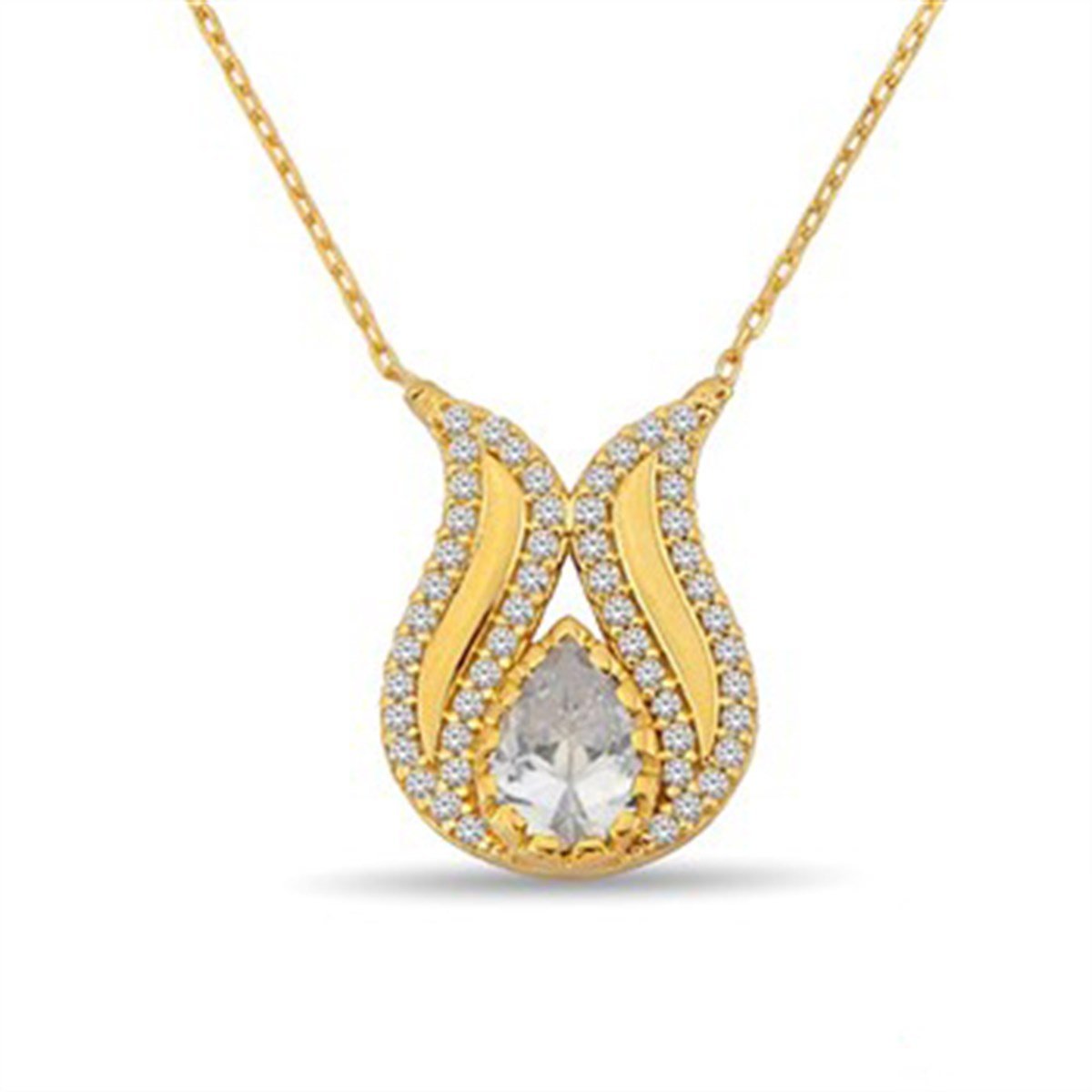 Beyaz Zirkon Taşlı Altın Kaplamalı 925 Ayar Gümüş Bayan Kolyesi