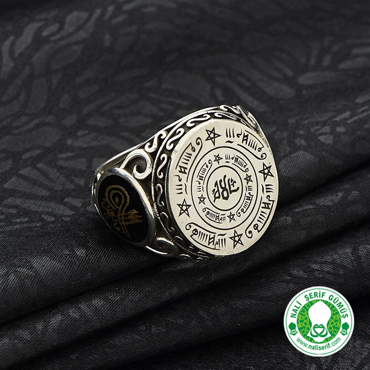Değişebilir Yan Sembollü Celcelutiye Vefkli 925 Ayar Gümüş Erkek Yüzük
