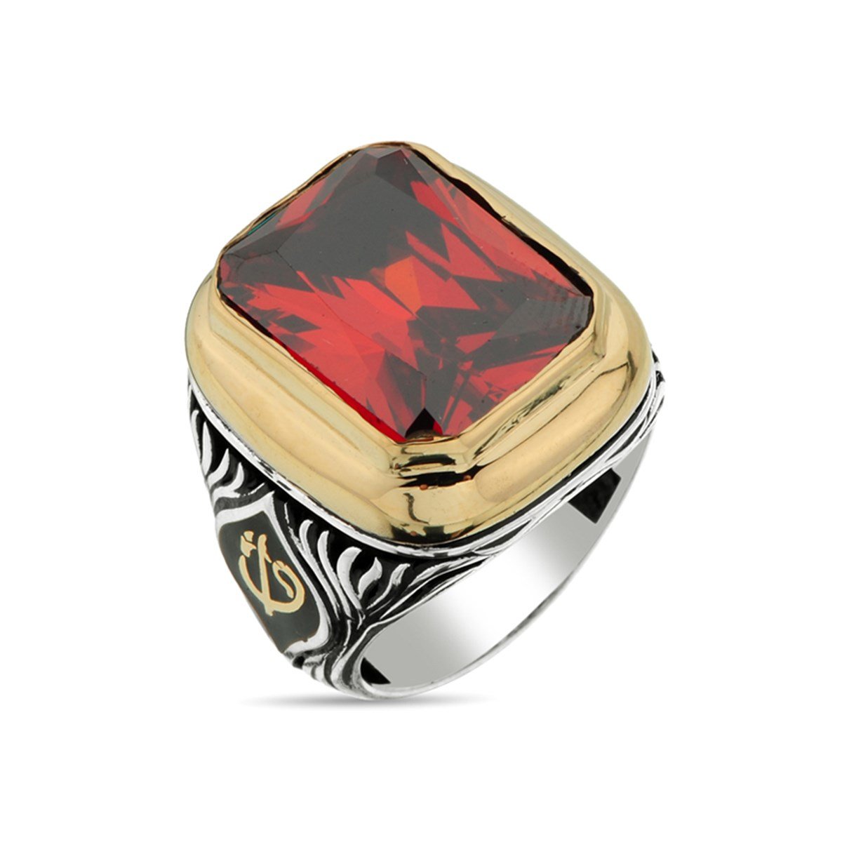 Değişebilir Yan Sembollü Dikdörtgen Kırmızı Garnet Zirkon Taşlı 925 Ayar Gümüş Erkek Yüzük